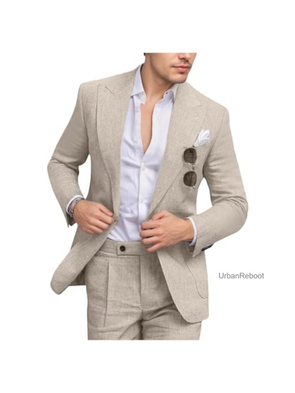 Men's Linen 2 Piece Suit Set, Slim Fit Peak Lapel Blazer & Pants, Lightweight,